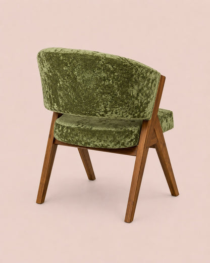 Silla del Comedor Kioto vista posterior, tapizada en verde y estructura en acabado roble