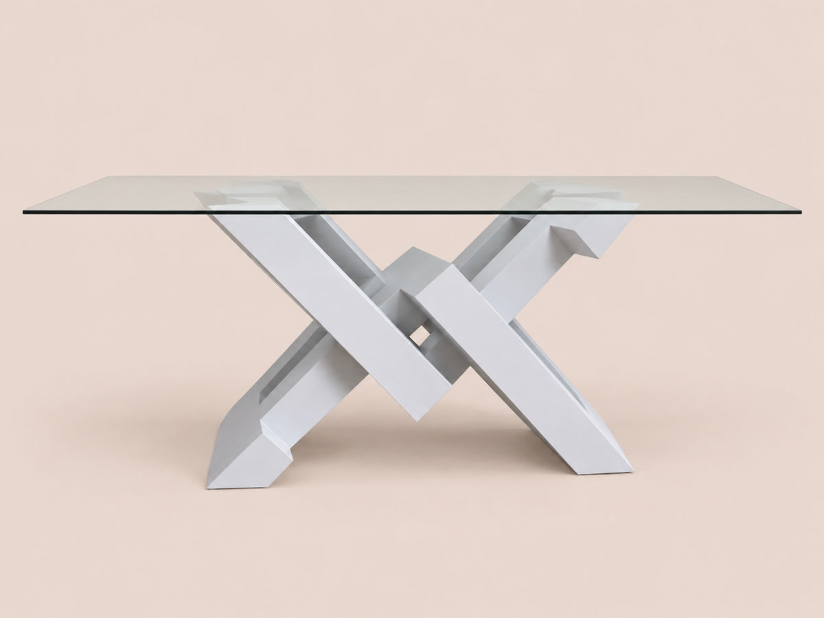 Mesa Mónaco con cubierta de cristal y base geométrica