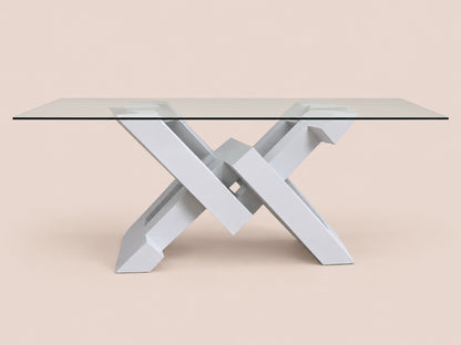 Mesa Mónaco con cubierta de cristal y base geométrica